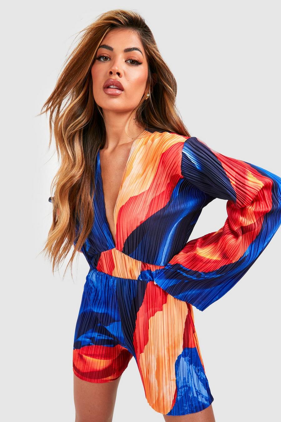 Blue Abstract Plisse Flare Sleeve Romper image number 1