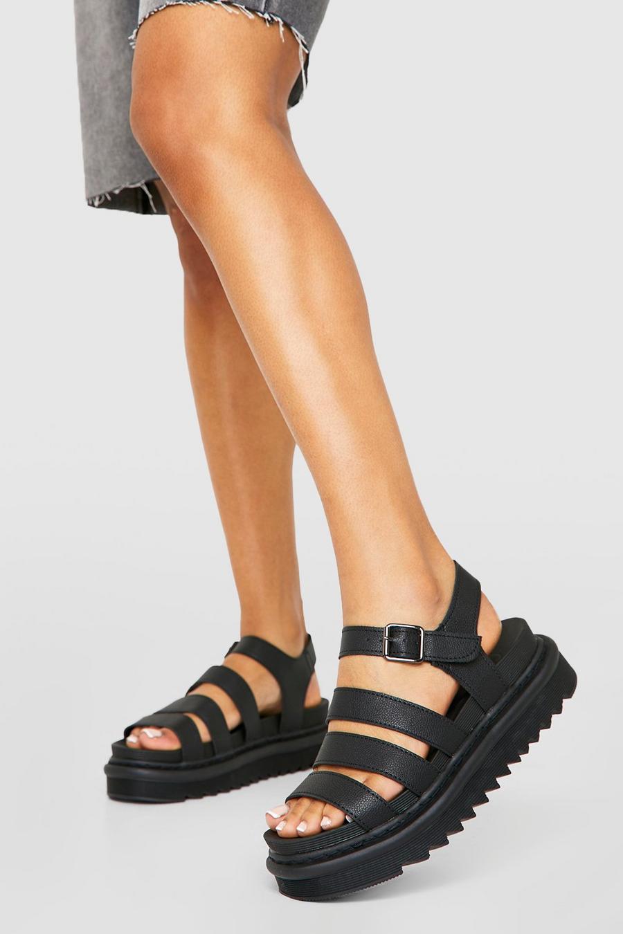 Black Chunky Platform Triple Strap Flatform Sandals 