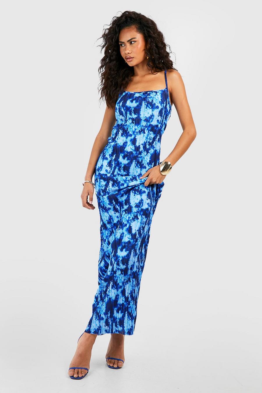 Blue Strappy Marble Print Plisse Maxi Dress image number 1