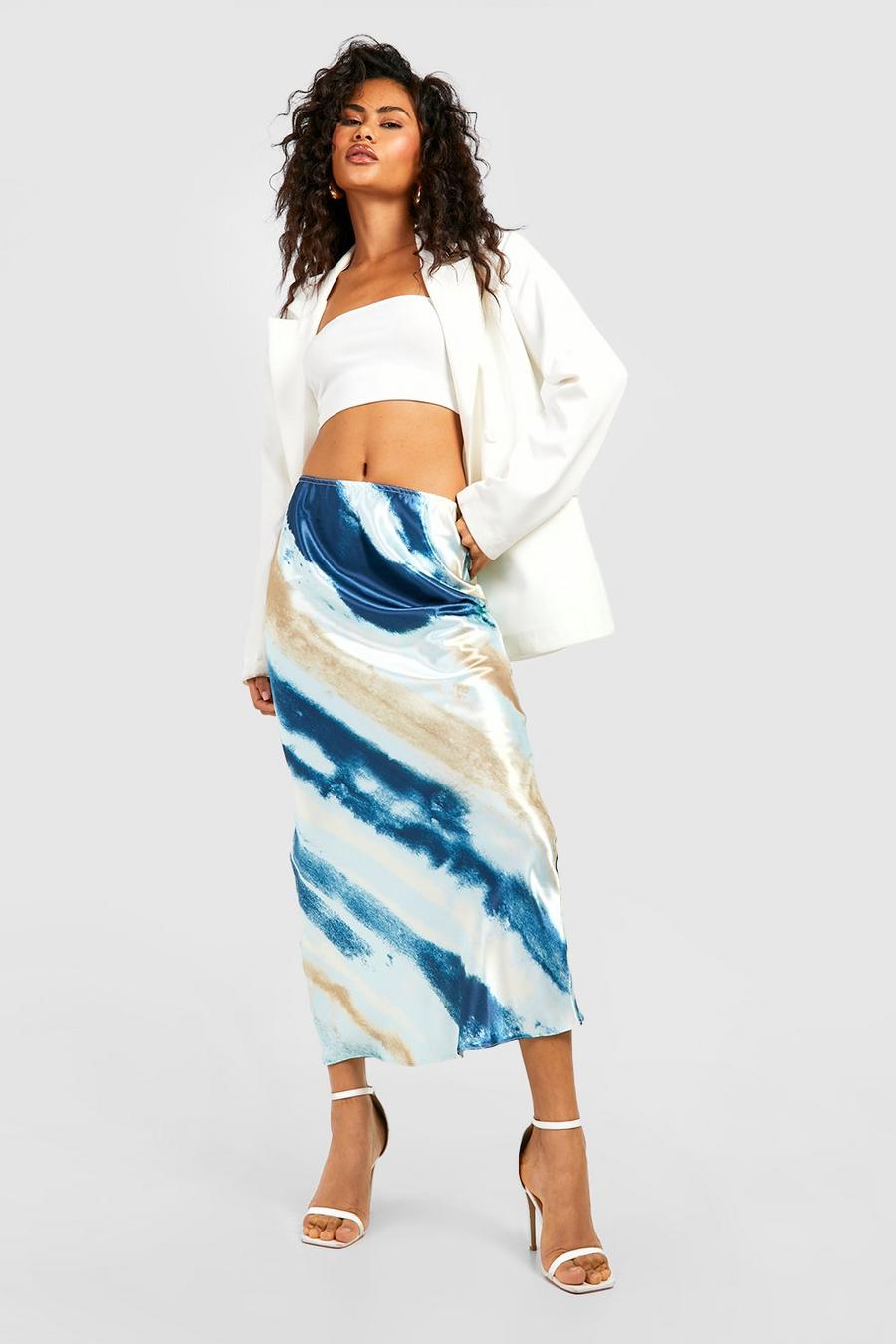 Blue Satin Marble Print Midaxi Skirt