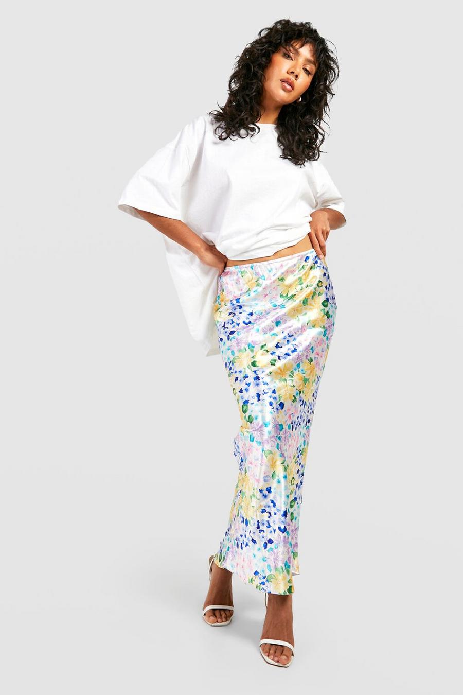 White Satin Multi Floral Print Midaxi Skirt