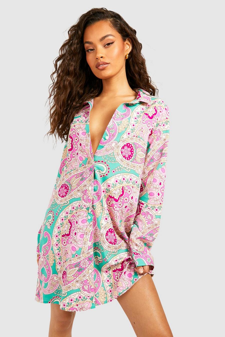 Hemd-Kleid mit Paisley-Print, Pink