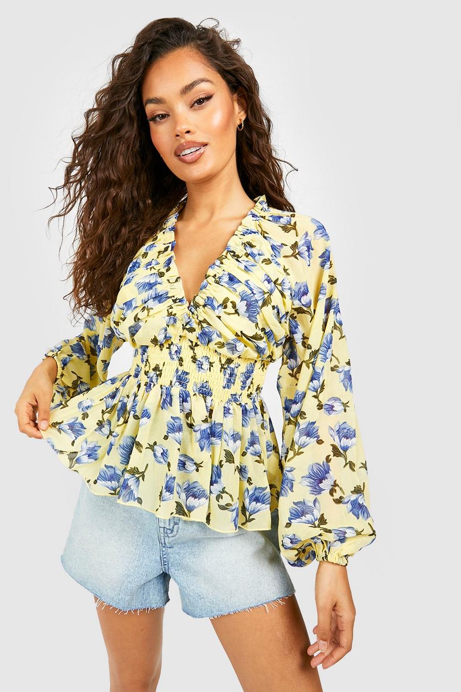 Yellow Floral Chiffon Shirred Blouse image number 1
