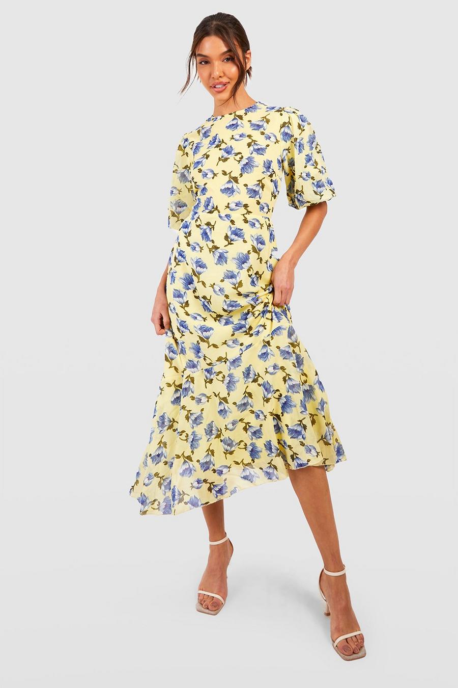 Yellow Floral Chiffon Puff Sleeve Midi Dress image number 1