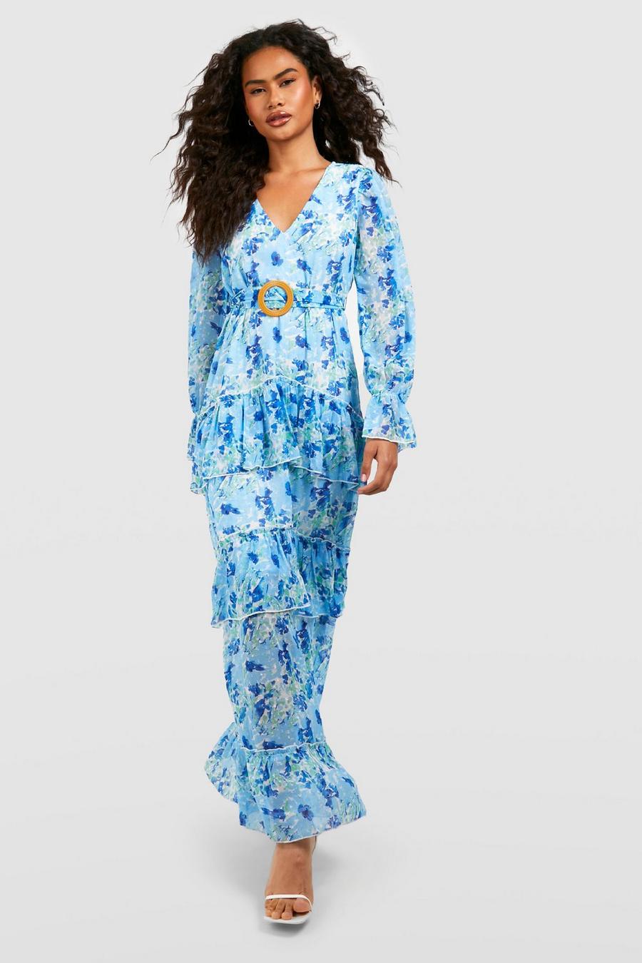 Vestido maxi de chifón escalonado con estampado de flores, Blue image number 1