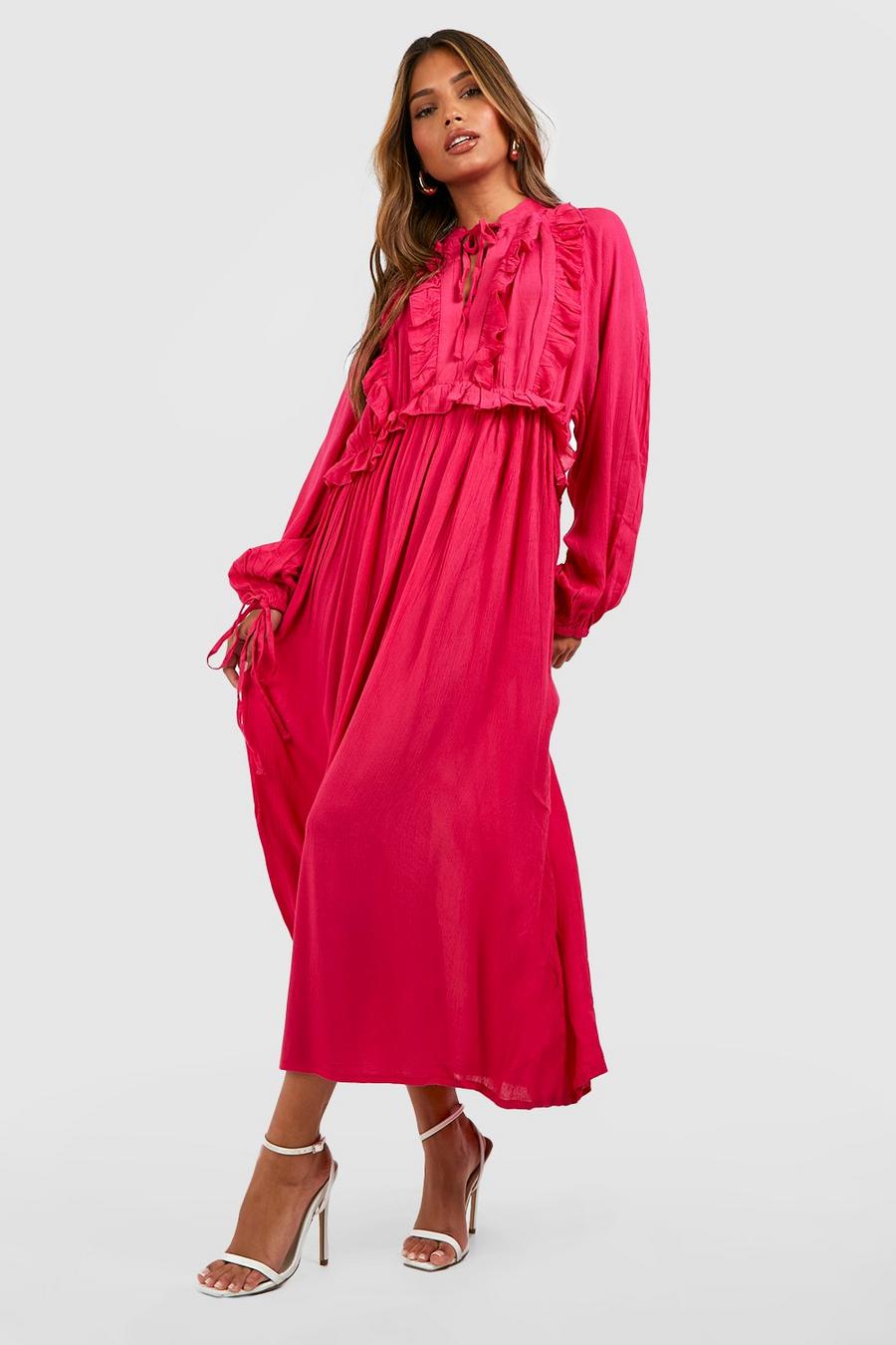 Hot pink Frill Detail Midi Smock Dress image number 1