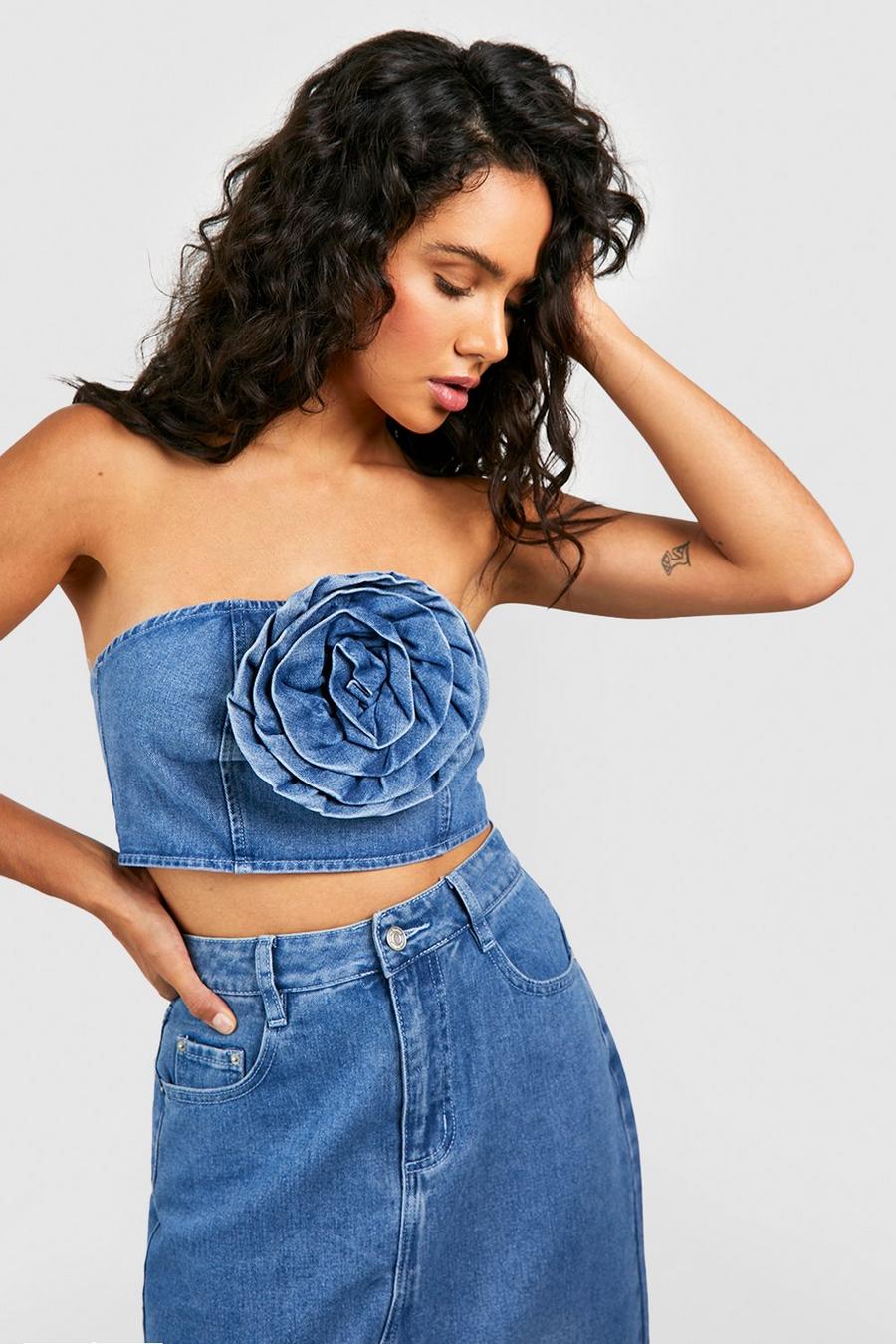 Denim Bandeau-Oberteil mit Rose, Mid blue