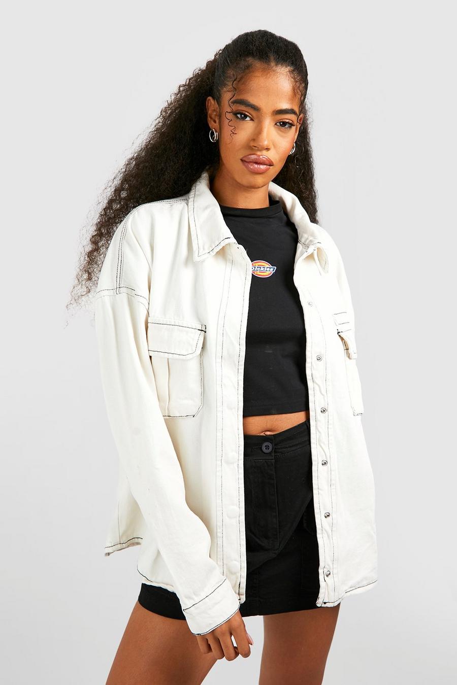 White Oversized Cargo Denim Shacket