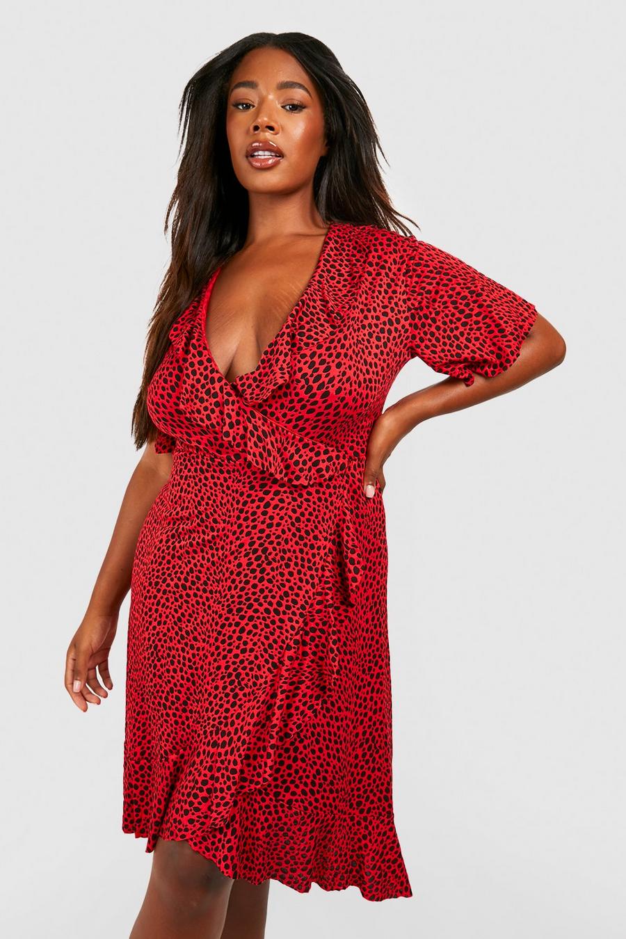 Red Plus Dalmatian Print Ruffle Tea Dress image number 1