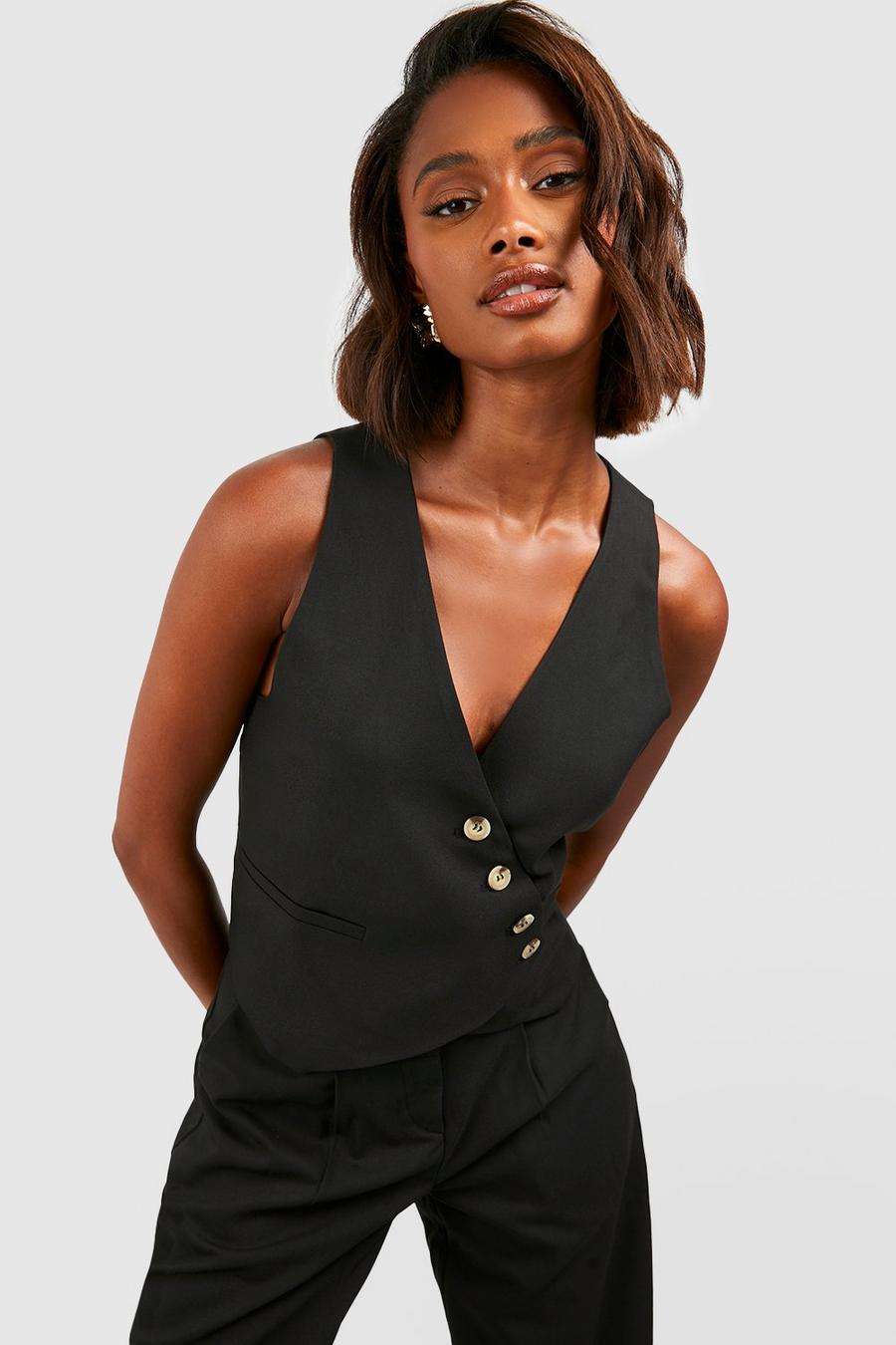 Black Mock Horn Asymmetric Tailored Vest