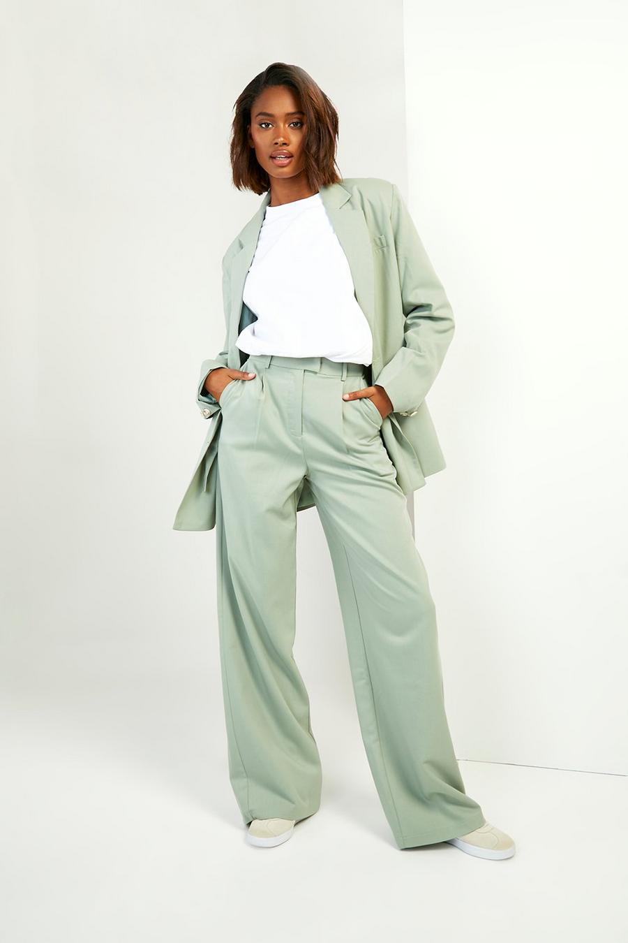 Sage Mock Horn Relaxed Fit Wide Leg Tailored Trousers