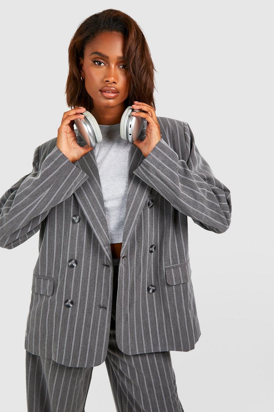 Charcoal Premium Pinstripe Oversized Tailored Blazer