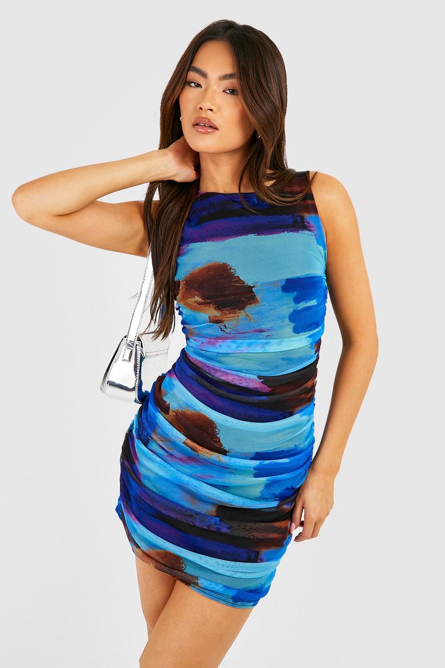 Vestido mini de malla fruncido con estampado abstracto, Blue