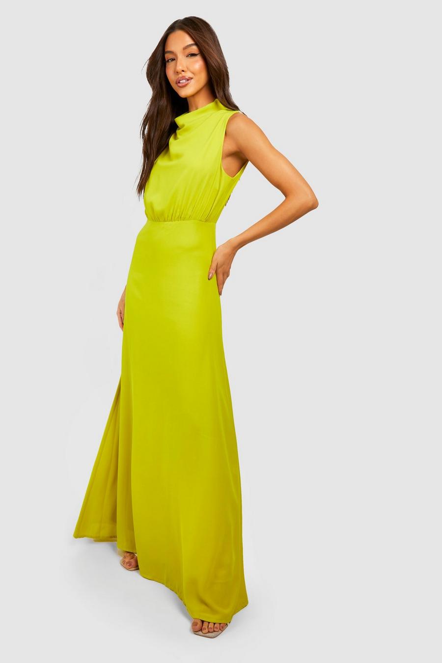 Chartreuse Chiffon High Neck Cowl Draped Maxi Dress