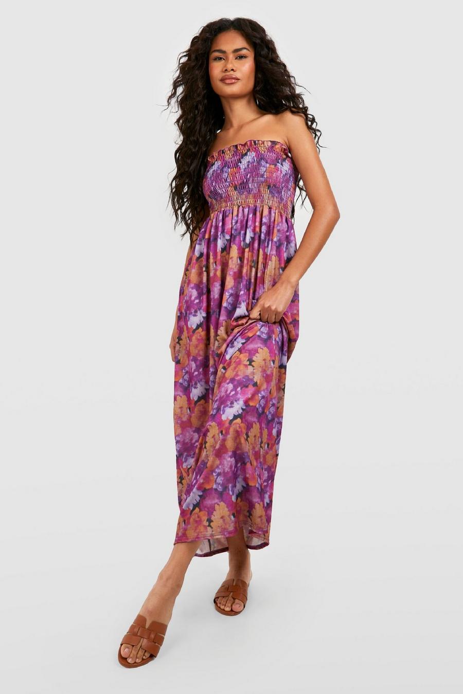Purple Abstract Floral Shirred Smock Dress