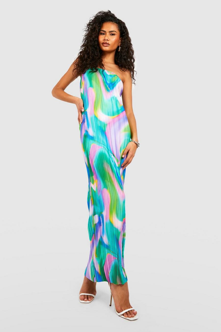 Green Abstract Plisse Bandeau Maxi Dress image number 1