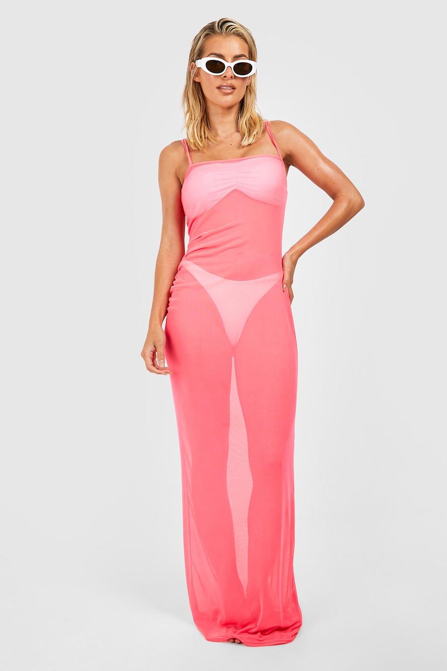 Vestito maxi da mare in rete con spalline, Neon-pink