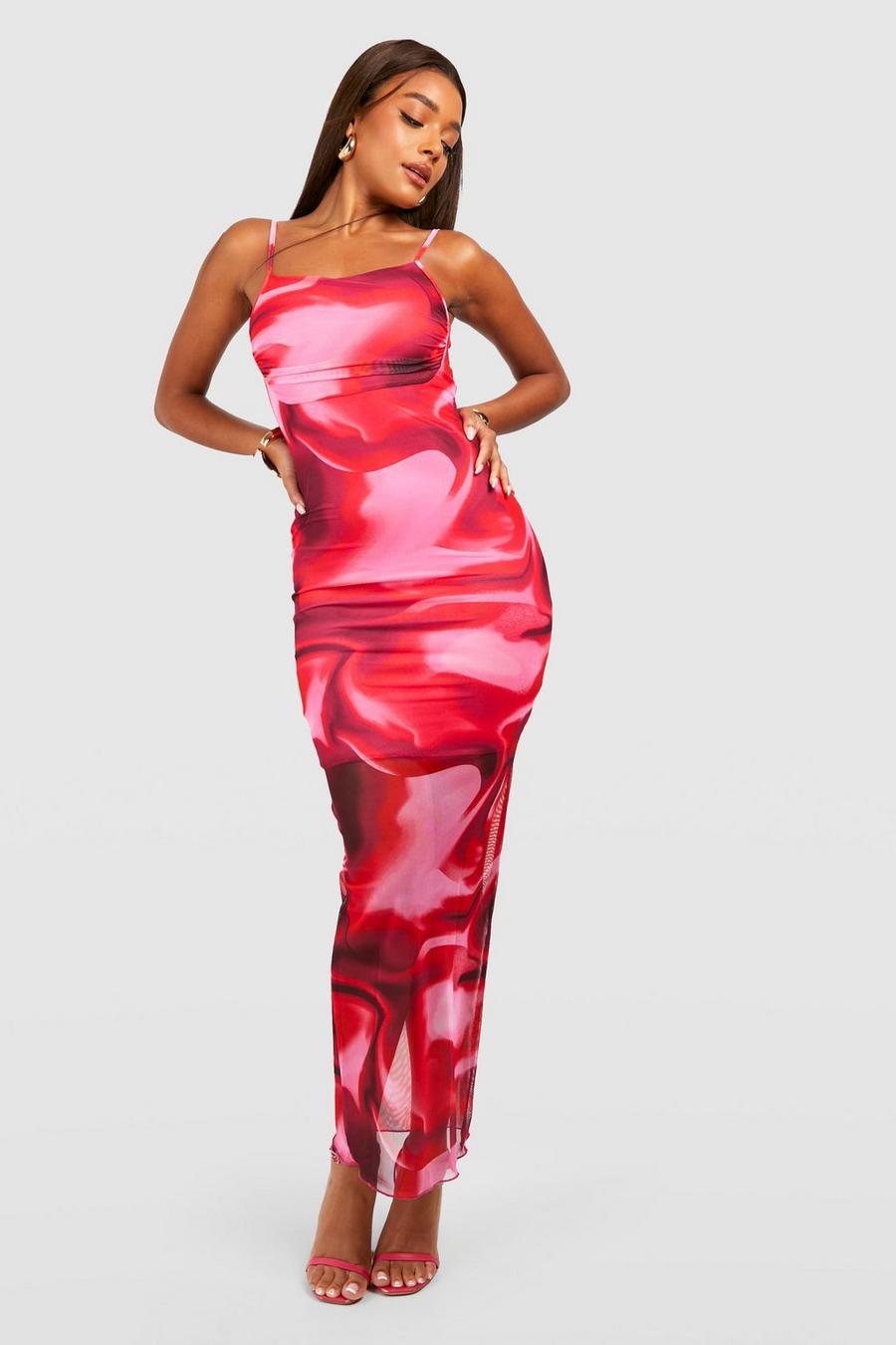 Pink Abstract Marble Mesh Maxi Slip Dress