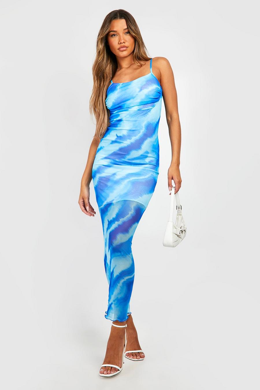 Blue Abstract Print Mesh Maxi Slip Dress
