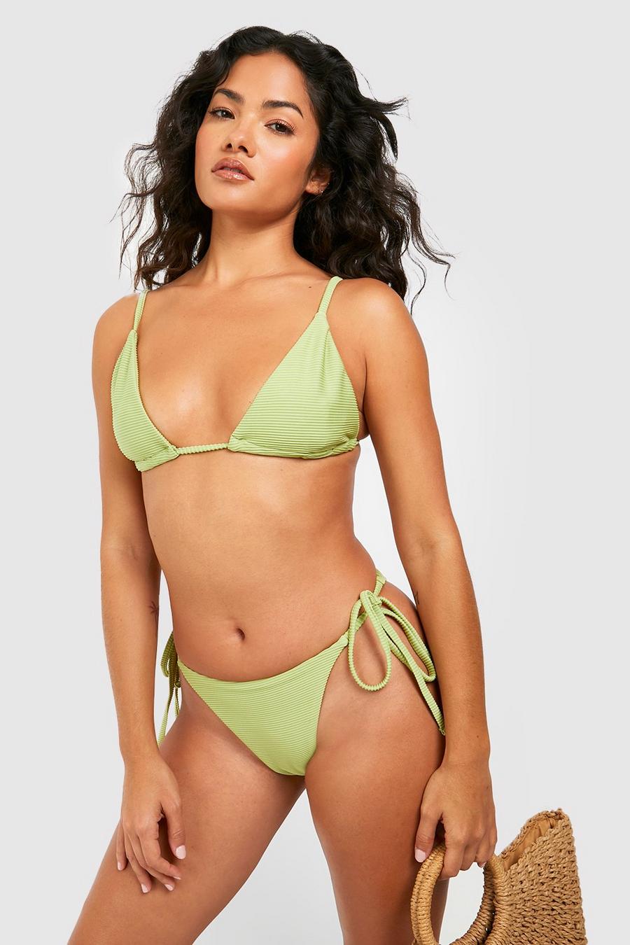 Olive Textured Rib Padded Triangle Bikini Set