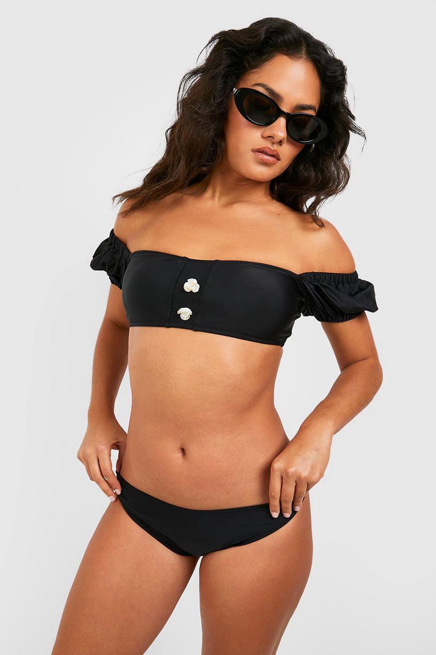 Black Gewatteerde Bikini Set Met Parel Detail En Korte Mouwen