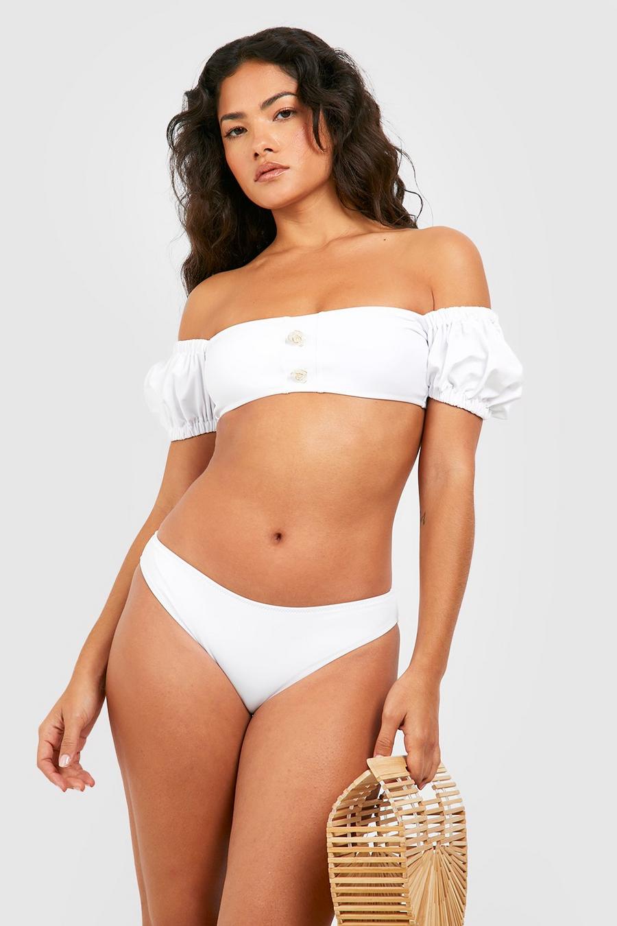 White Pearl Detail Short Sleeve Padded Bikini Set