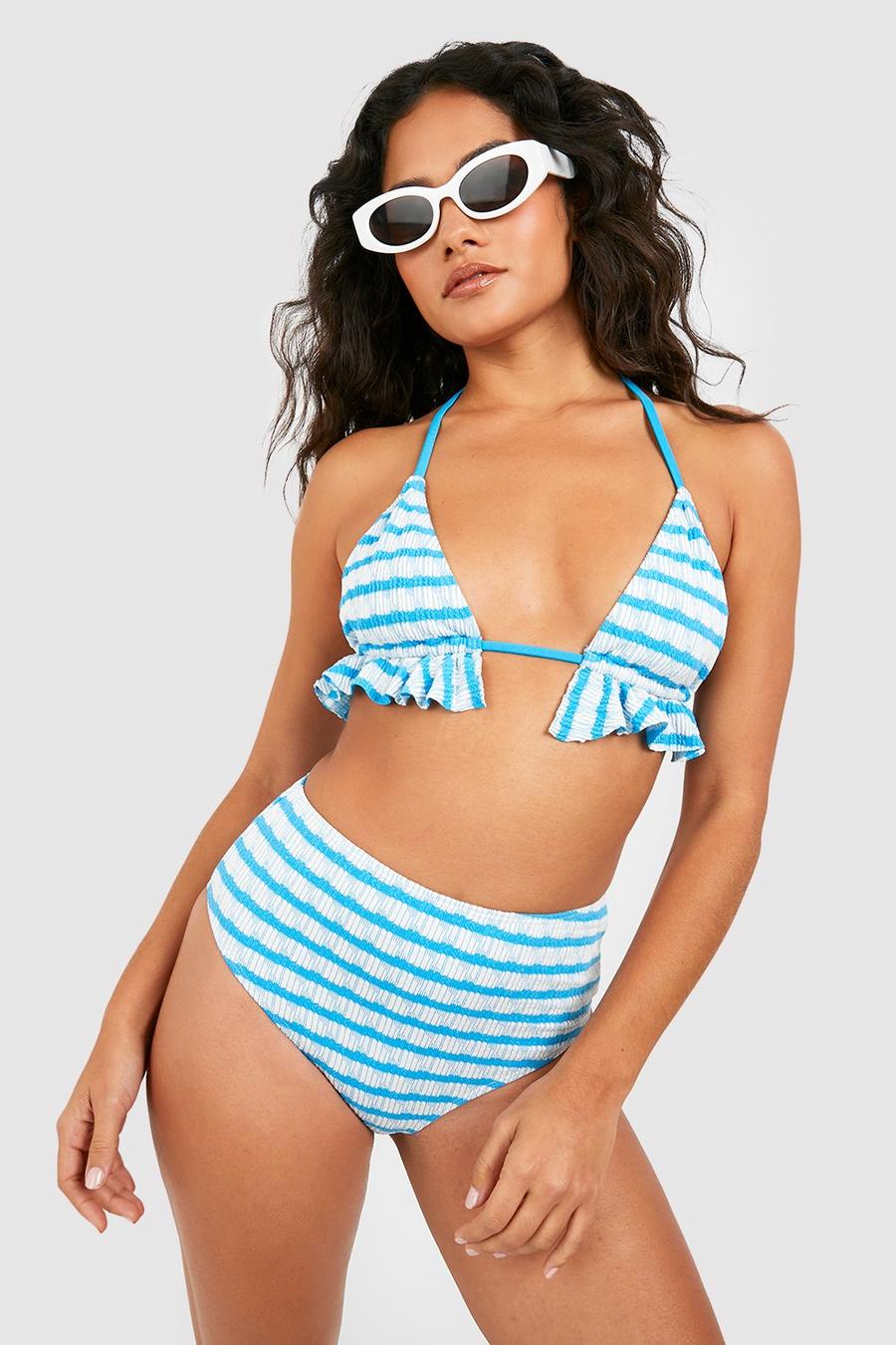 Turquoise Textured Stripe Ruffle Padded Triangle Bikini Set image number 1
