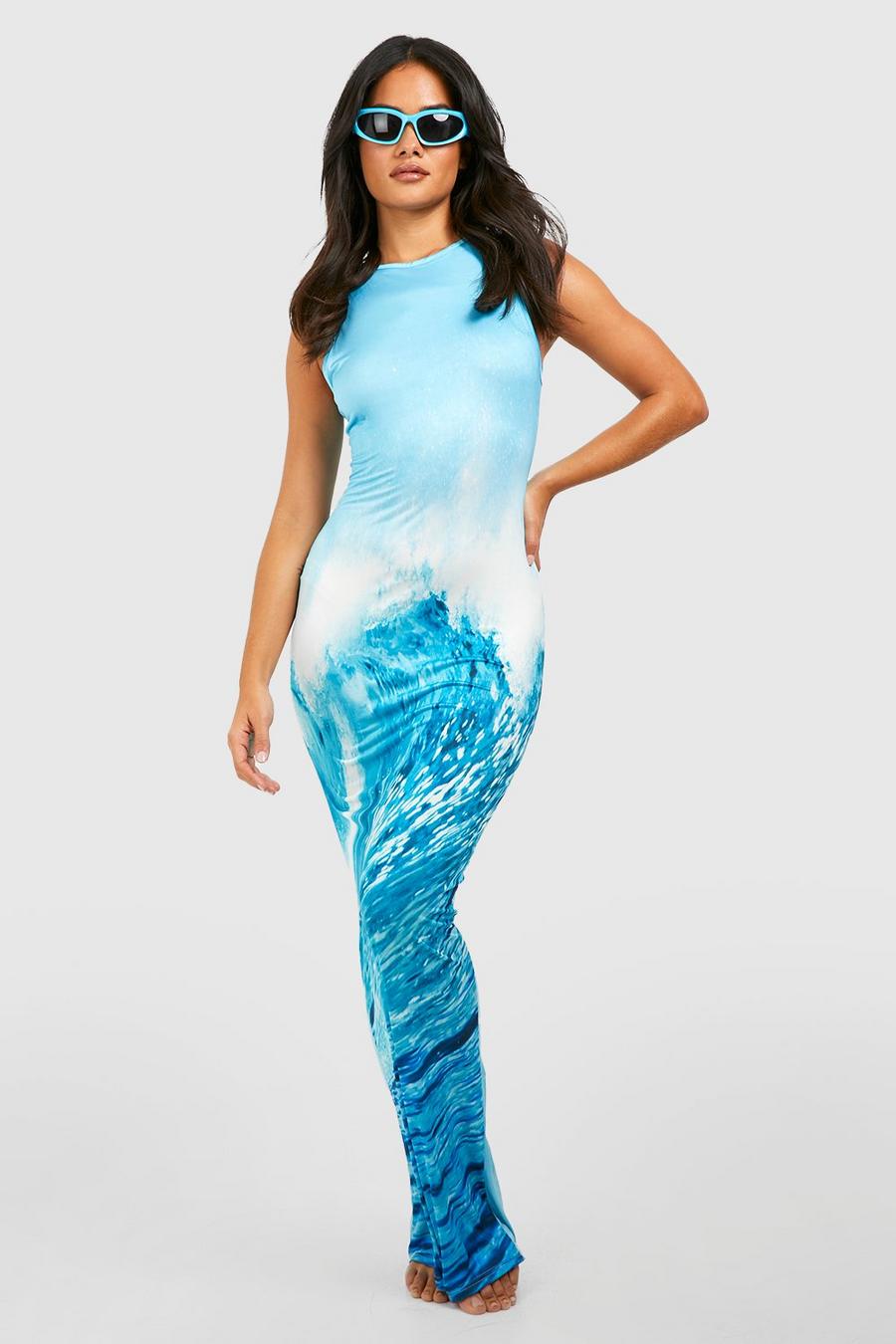 Ocean blue Wave Print Racer Neck Maxi Dress