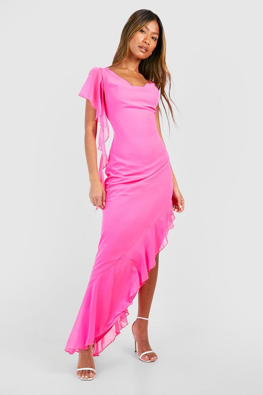 Bright pink Långklänning i chiffong med draperad halsringning image number 1