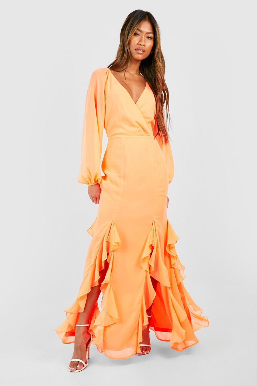 Orange Split Shoulder Wrap Ruffle Detail Maxi Dress