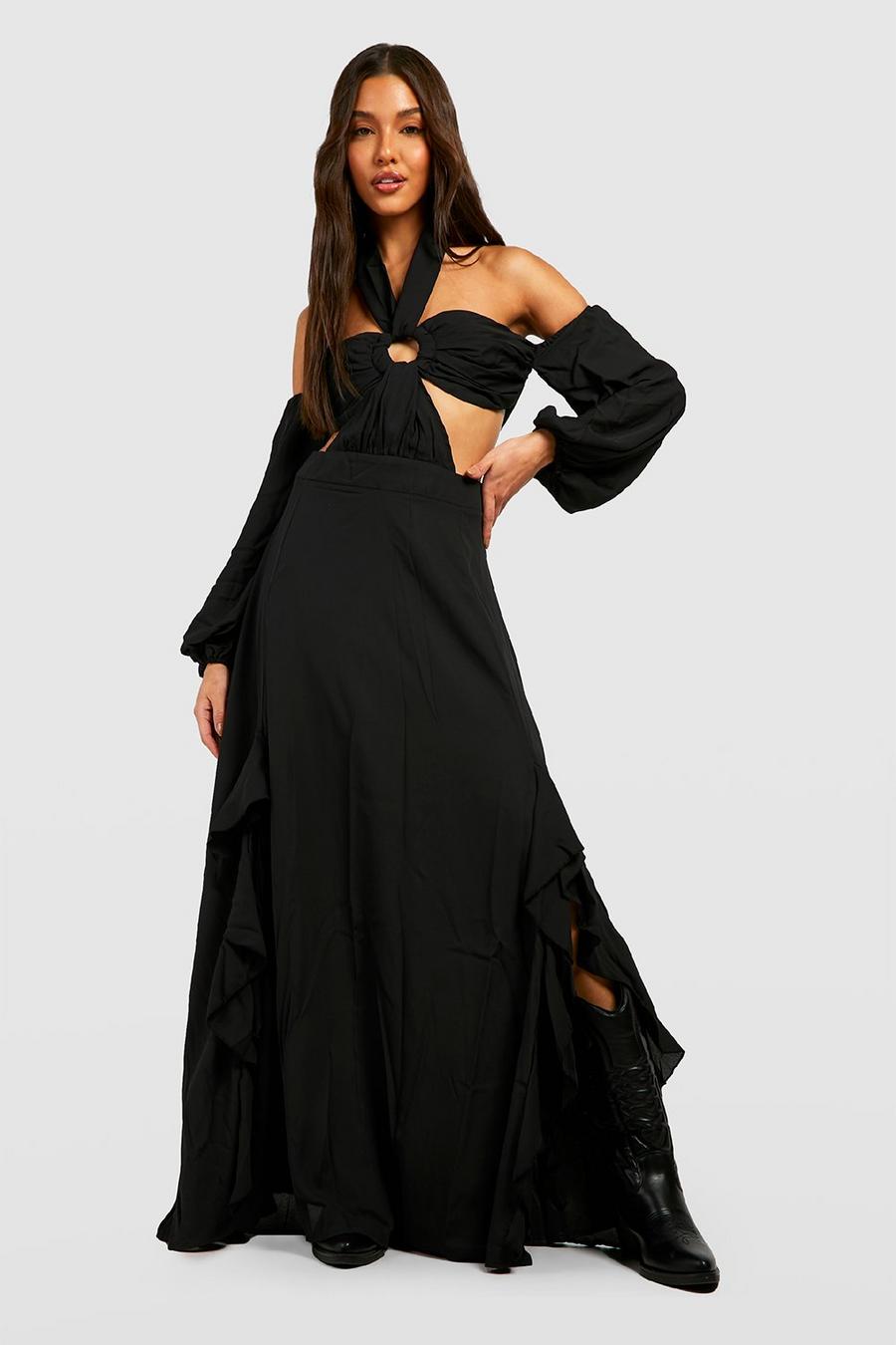 Black Chiffon Maxi Jurk Met Halter Neck En Uitsnijding