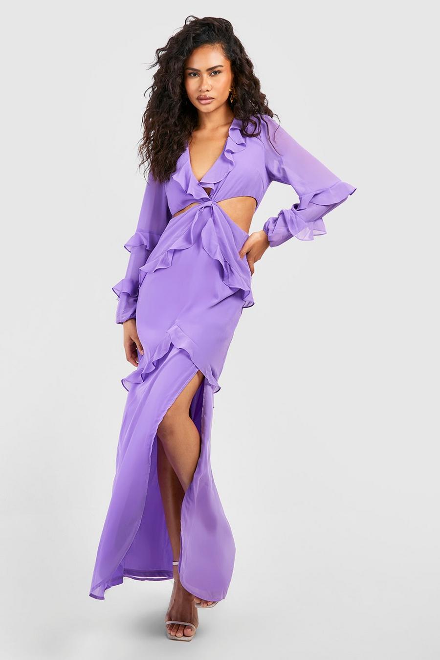 Purple Långklänning i chiffong med volanger och cut-out