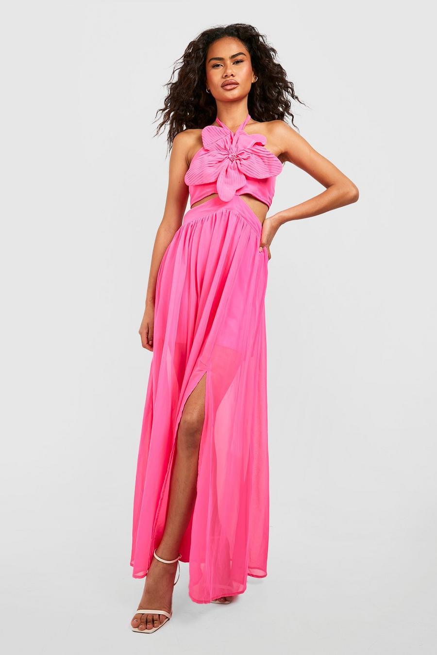 Bright pink Halter Flower Detail Cut Out Maxi Dress