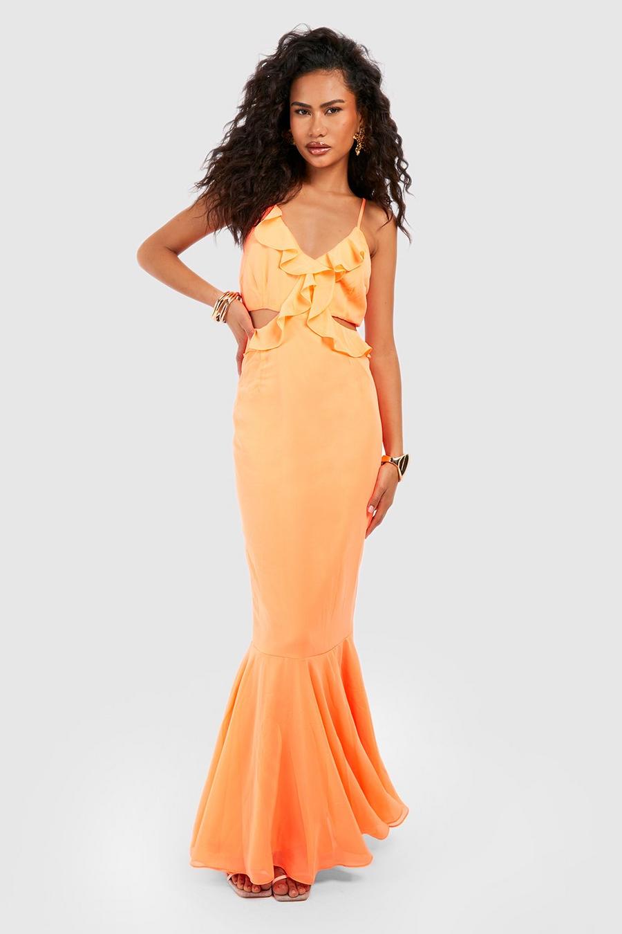 Orange Ruffle Cut Out Fishtail Maxi Dress image number 1