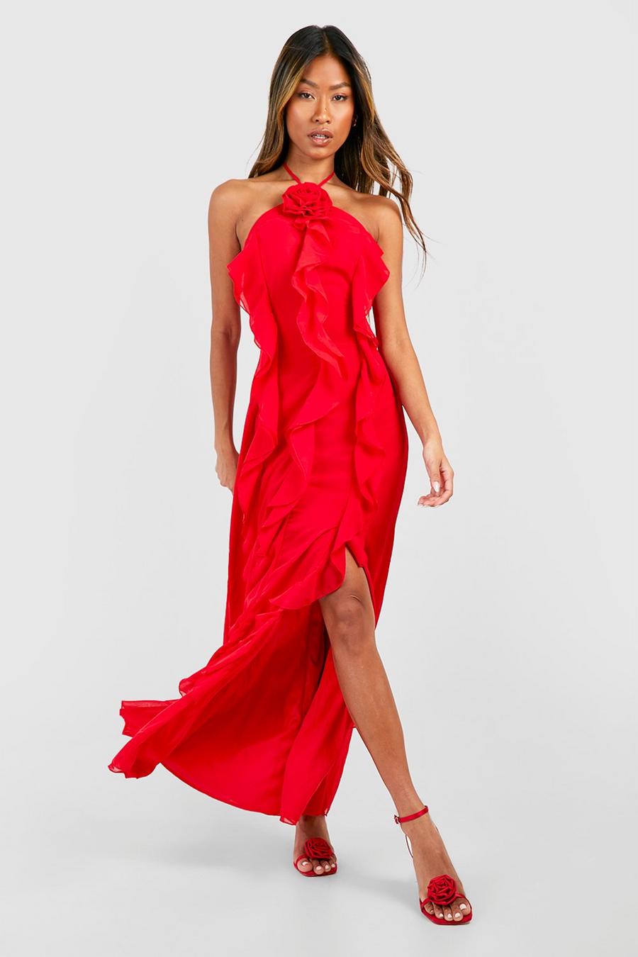Red Halter Rose Detail Ruffle Maxi Dress