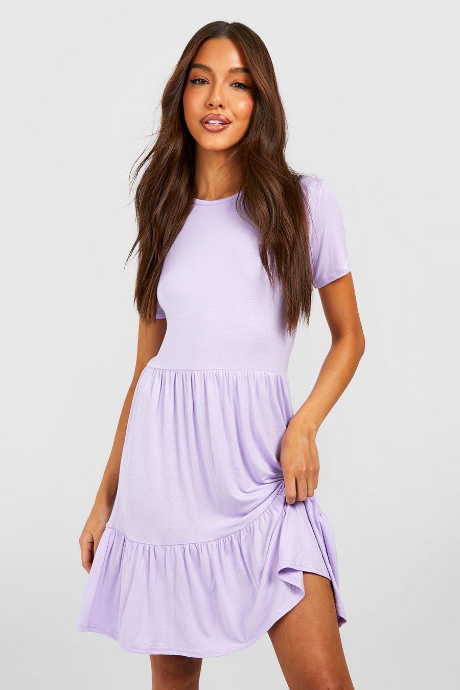 Lilac Short Sleeve Drop Hem Smock Dress