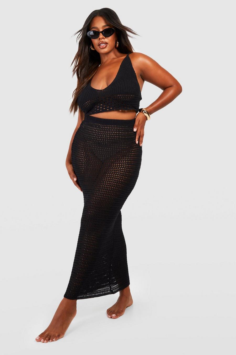 Black Plus Strappy Crochet Maxi Skirt Co-ord image number 1