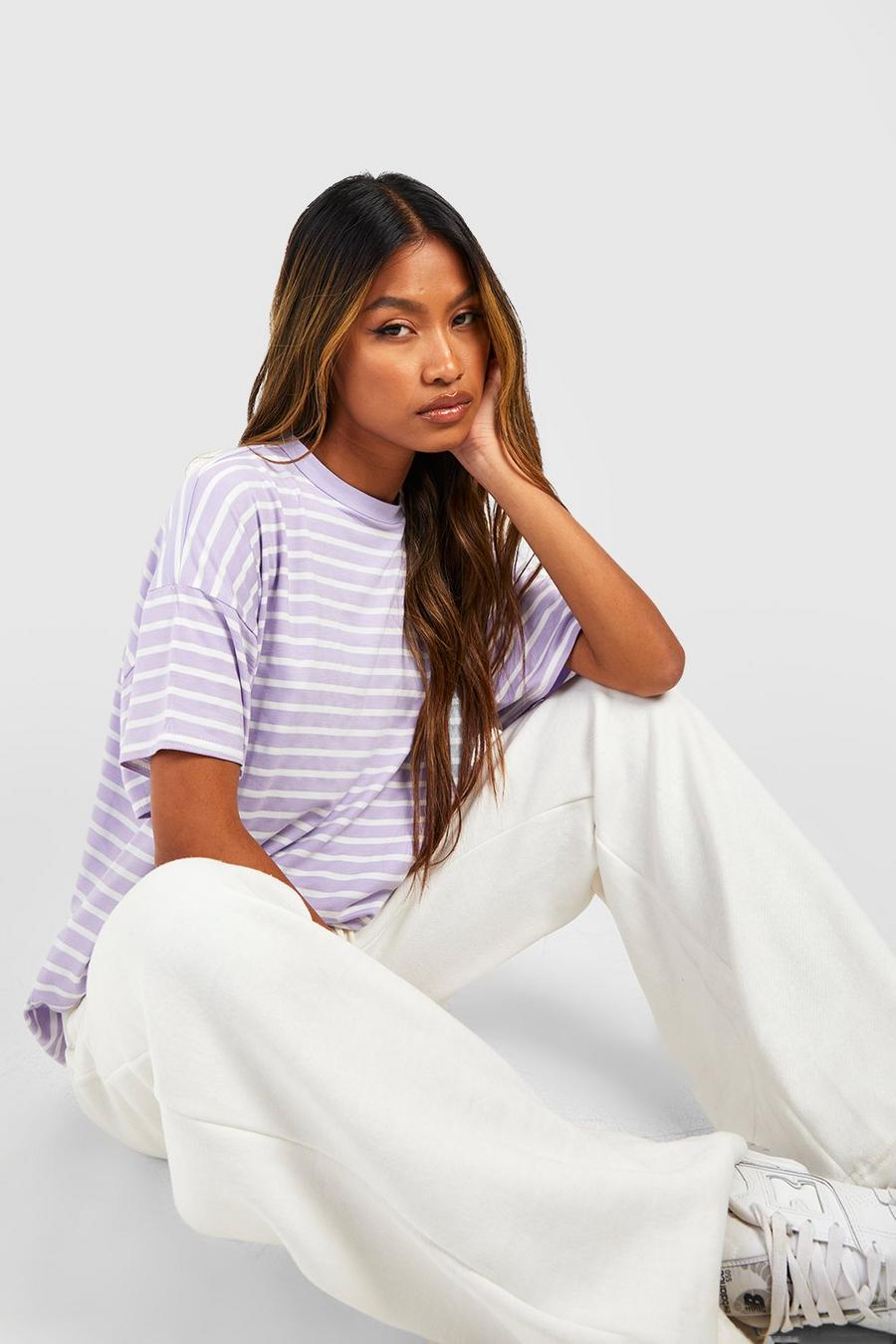T-shirt oversize a righe lilla, Lilac