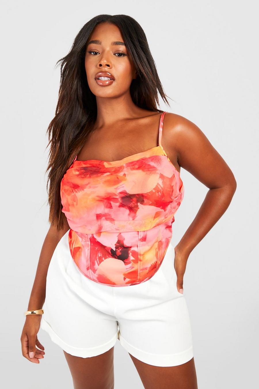 Orange Plus Floral Strappy Ruched Corset Top