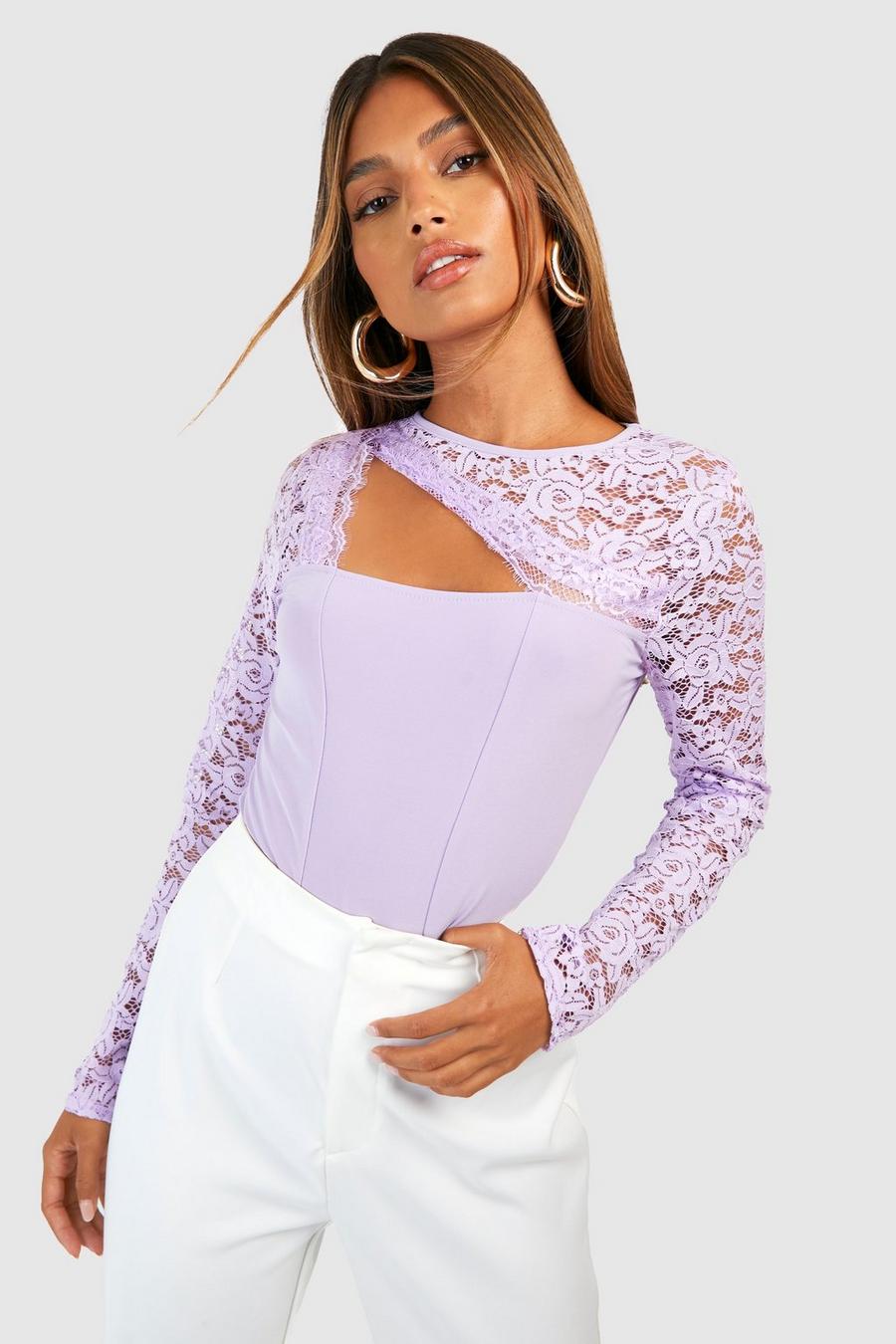 Body con cuciture in pizzo, Lilac