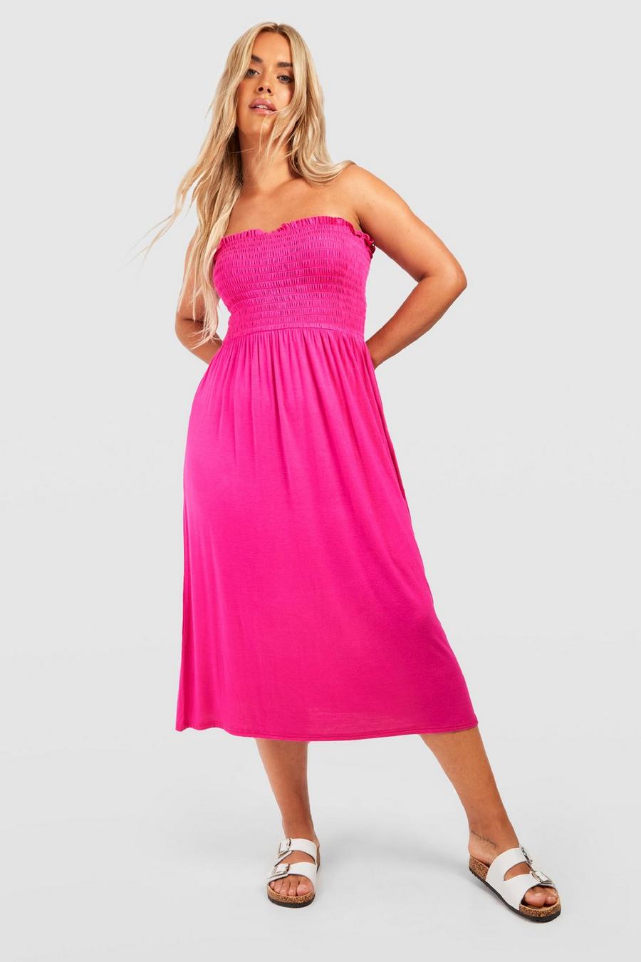 Hot pink Plus Shirred Bandeau Midi Dress 