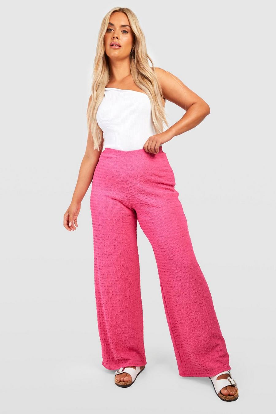 Pantalón Plus de pernera ancha texturizado fruncido, Pink