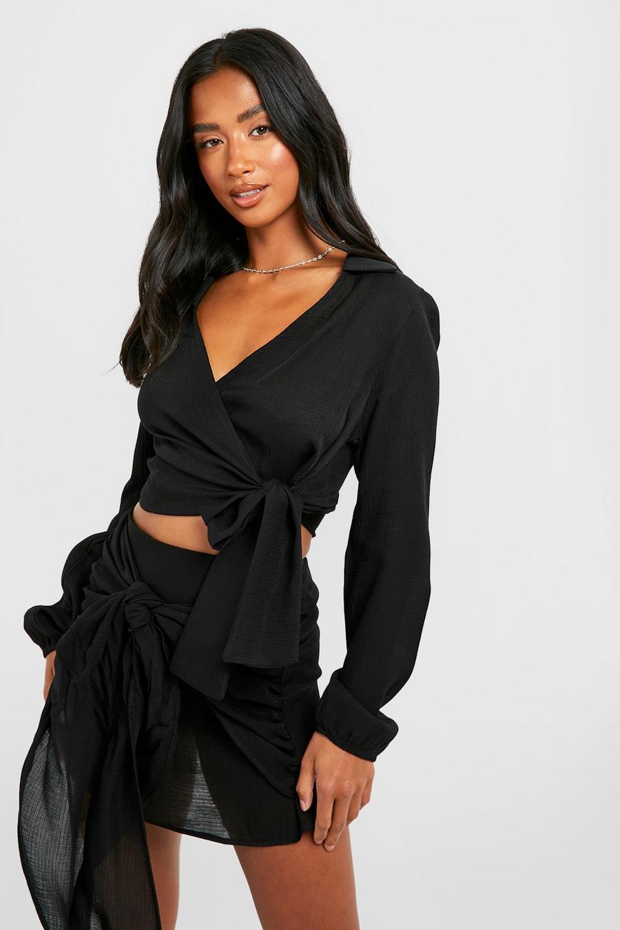 Black Petite Textured Cheesecloth Knot Front Shirt