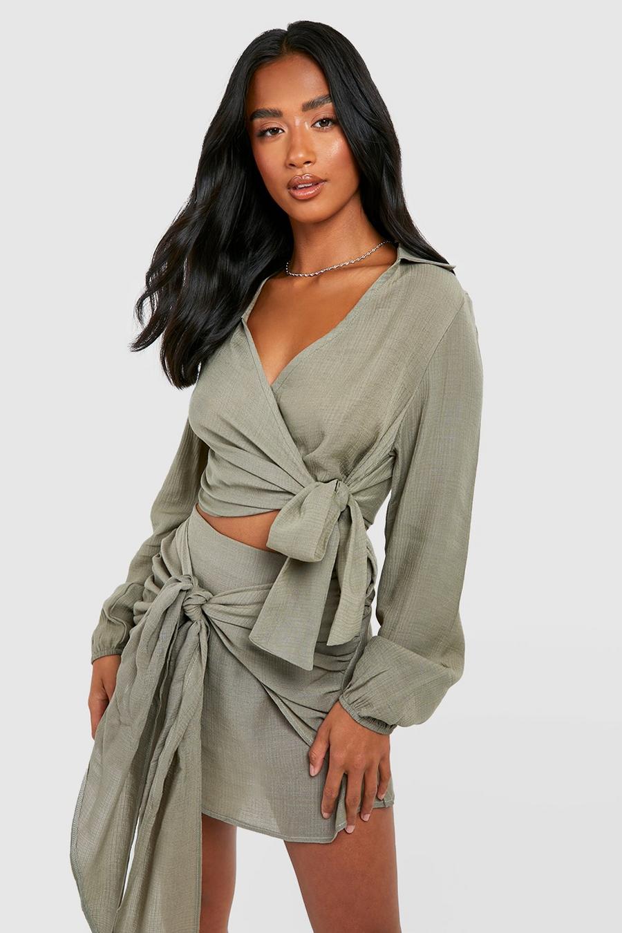 Olive Petite Textured Cheesecloth Knot Front Shirt