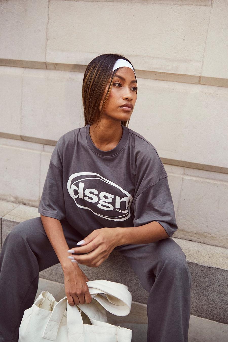 Grey Slogan T-Shirt And Straight Leg Track Pants Set