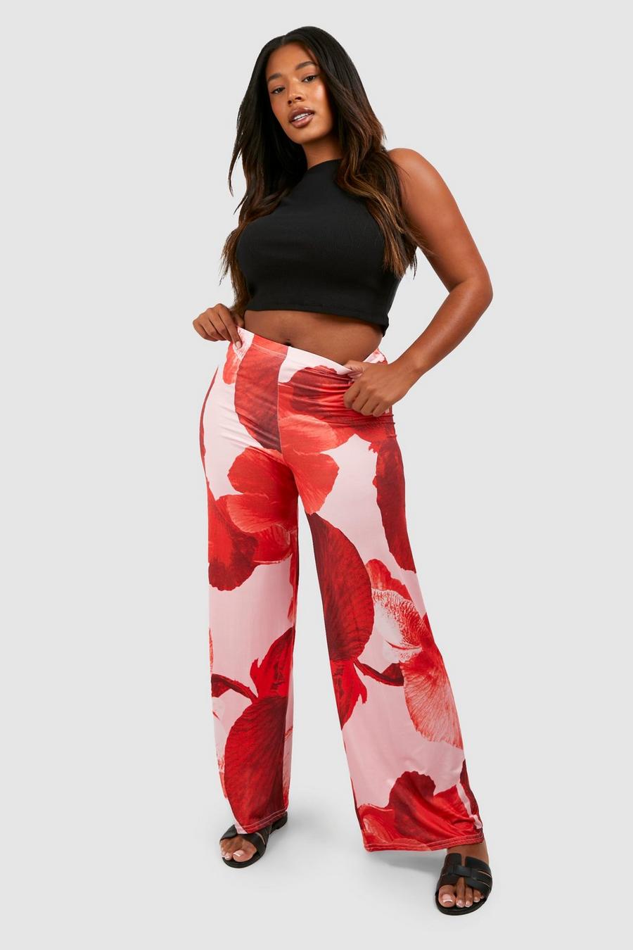 Pink Plus Floral Abstract Printed Slinky Wide Leg paul Trousers