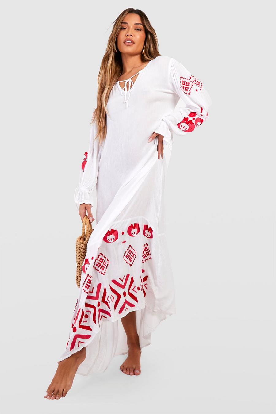 White Plunge Front Embroidered Beach Maxi Dress