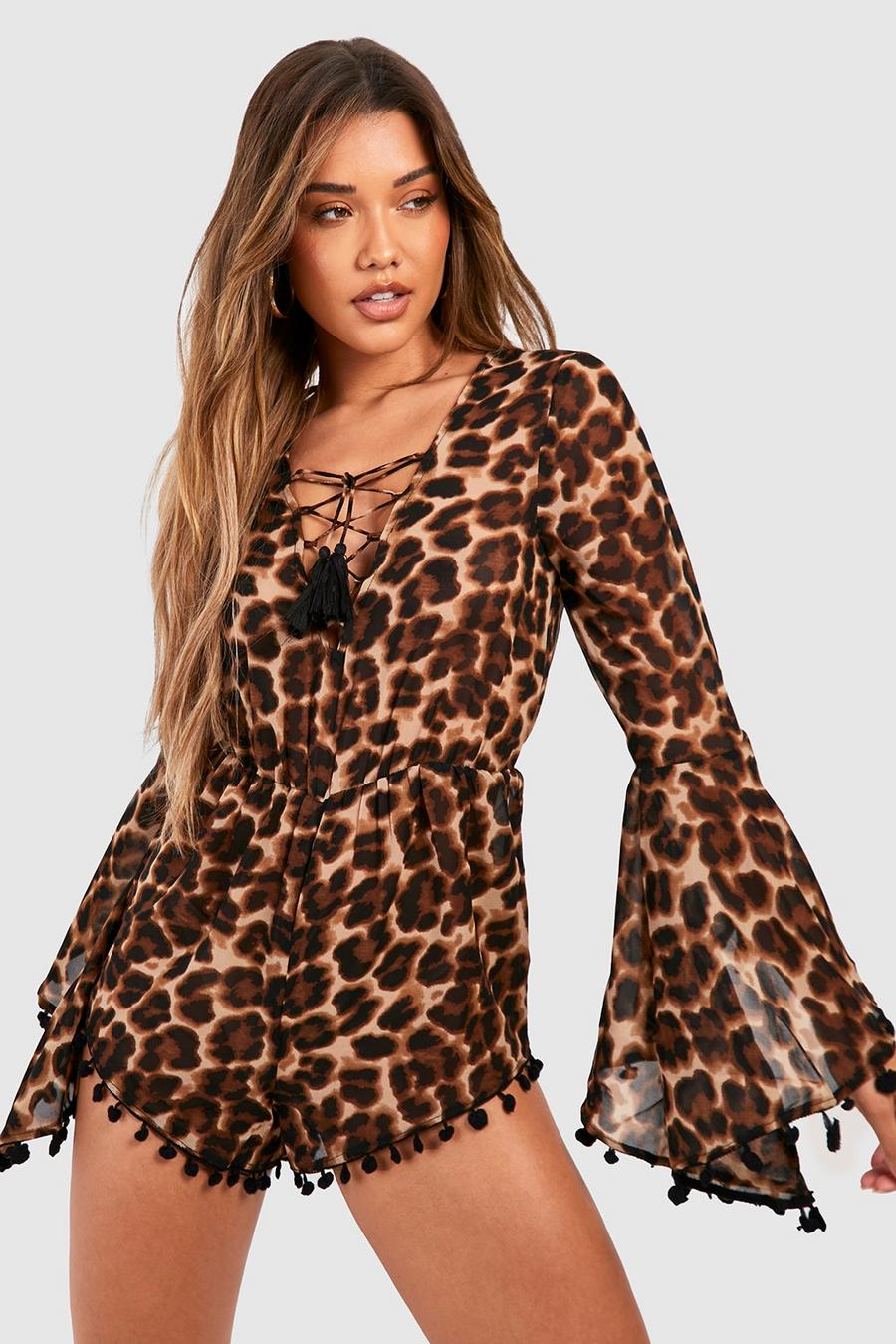 Brown Leopard Chiffon Lace Up Flared Sleeve Beach Romper image number 1