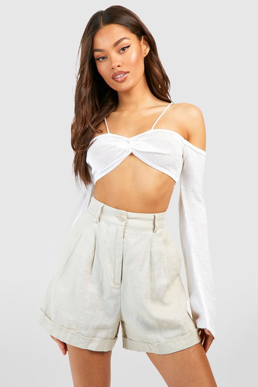 White Fine Gauge Strappy Bardot Knitted Crop Top image number 1
