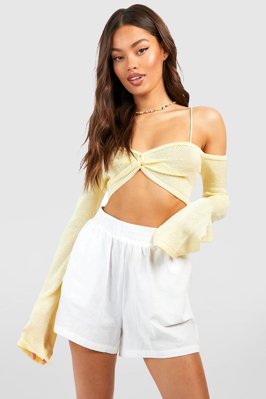 Yellow Fine Gauge Strappy Bardot Knitted Crop Top image number 1
